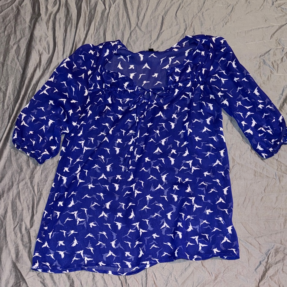 Lily White sheer Blue Bird Pattern Blouse